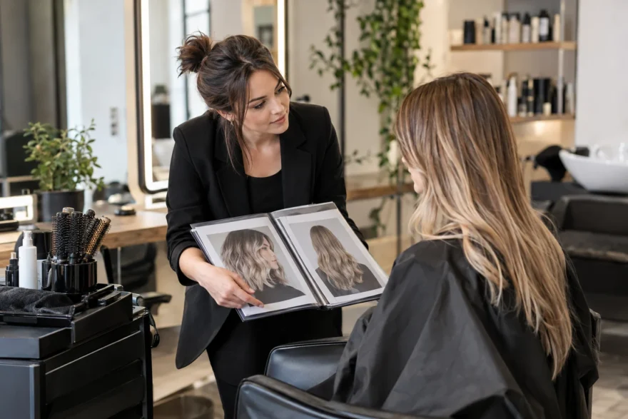Dobry fryzjer – na co zwrócić uwagę przed wyborem nowego salonu fryzjerskiego? Stanowisko fryzjerskie w salonie podczas konsultacji z klientką