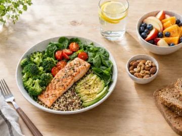 Dlaczego zdrowa dieta jest tak ważna w naszym życiu? Zdrowa dieta na talerzu: łosoś z kaszą, awokado, brokułami i pomidorkami, owoce, orzechy, pieczywo pełnoziarniste i woda z cytryną